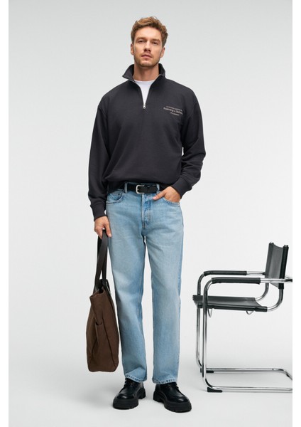 BRAM Erkek %100 Pamuk Dik Yakalı Yarım Fermuarlı Baskılı Antrasit Sweatshirt fiyatları