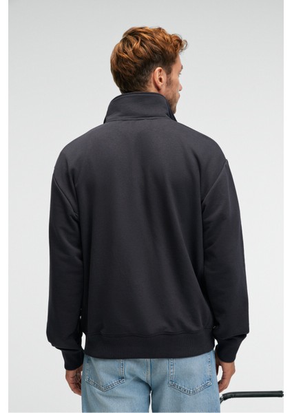 BRAM Erkek %100 Pamuk Dik Yakalı Yarım Fermuarlı Baskılı Antrasit Sweatshirt