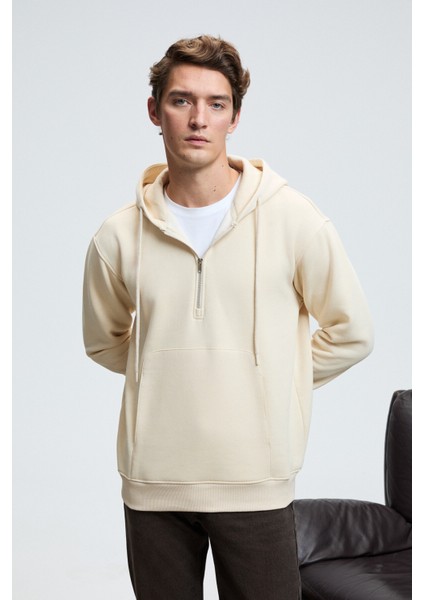 JUSTUS Erkek Kapüşonlu Kanguru Cepli Fermuar Yakalı Krem Sweatshirt