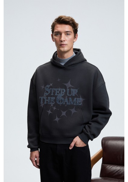 TRUETT Erkek Kapüşonlu Kanguru Cepli Önü Ve Sırtı Baskılı Oversize Antrasit Sweatshirt