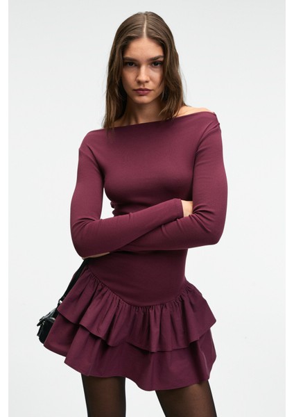 PANI TRUSEA Kadın Üstü Esnek Eteği Dokuma Kumaşlı Regular Mini Bordo Elbise fiyatları