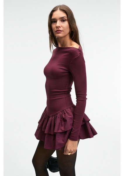 PANI TRUSEA Kadın Üstü Esnek Eteği Dokuma Kumaşlı Regular Mini Bordo Elbise modelleri