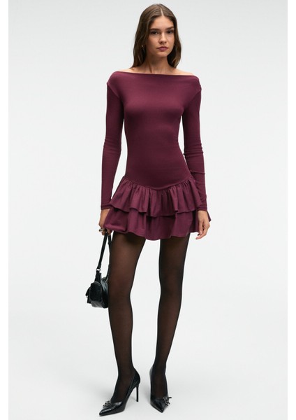 PANI TRUSEA Kadın Üstü Esnek Eteği Dokuma Kumaşlı Regular Mini Bordo Elbise fırsatları