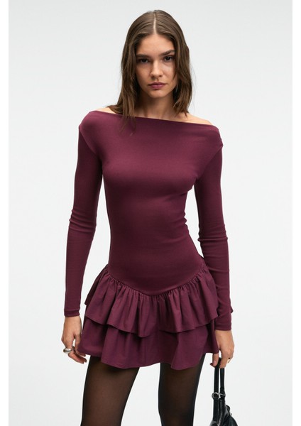 PANI TRUSEA Kadın Üstü Esnek Eteği Dokuma Kumaşlı Regular Mini Bordo Elbise indirimleri