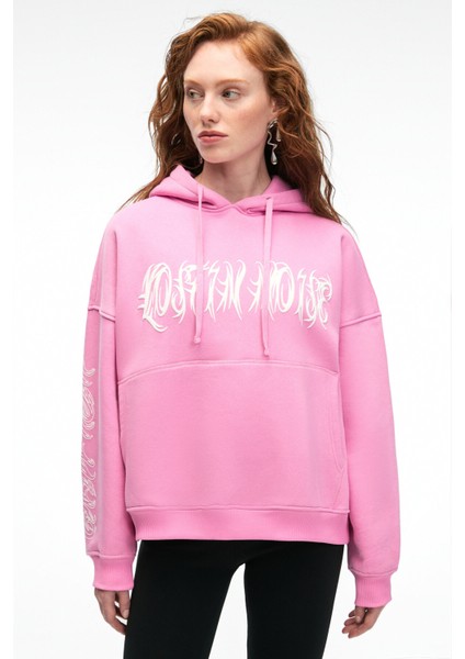 ALIRAYNE Kadın Baskılı Oversize Kapüşonlu Kanguru Cep Pembe Sweatshirt