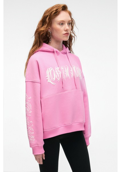 ALIRAYNE Kadın Baskılı Oversize Kapüşonlu Kanguru Cep Pembe Sweatshirt fiyatları