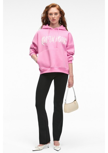 ALIRAYNE Kadın Baskılı Oversize Kapüşonlu Kanguru Cep Pembe Sweatshirt modelleri