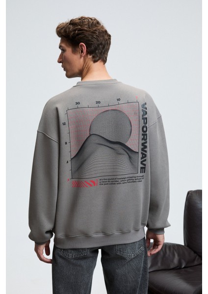 PERCY Erkek Yuvarlak Yaka Göğsü Baskılı Sırtı Baskılı Oversize Koyu Gri Sweatshirt indirimleri
