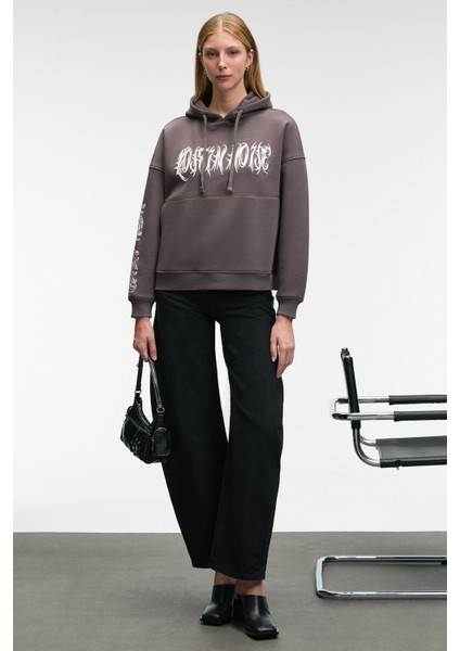 ALIRAYNE Kadın Baskılı Oversize Kapüşonlu Kanguru Cep Antrasit Sweatshirt fiyatları