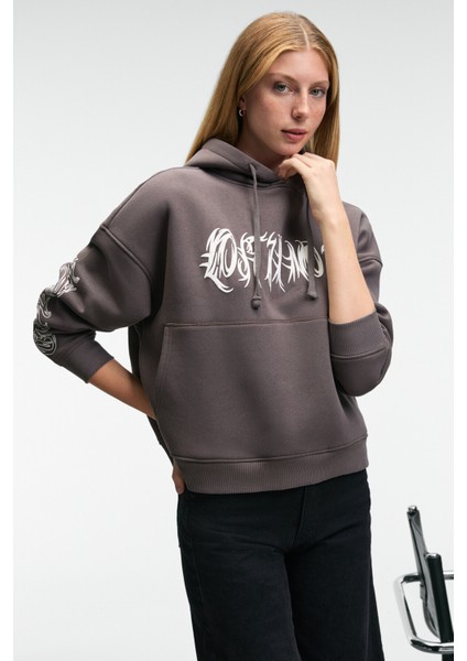 ALIRAYNE Kadın Baskılı Oversize Kapüşonlu Kanguru Cep Antrasit Sweatshirt modelleri