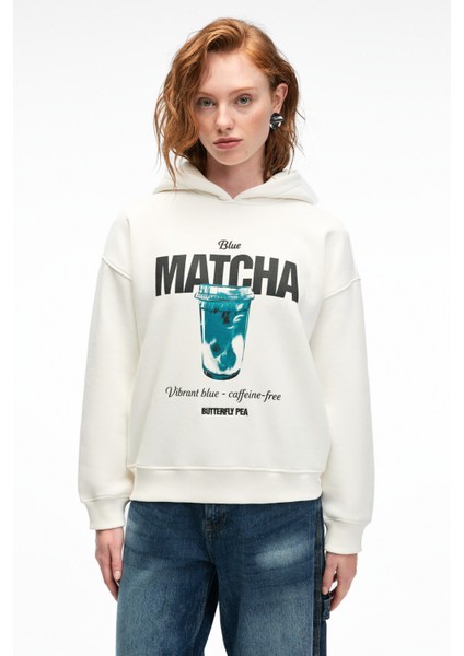 YANMESA Kadın Oversize Baskı Ve Nakış Detaylı Uzun Kollu Kapüşonlu Beyaz Sweatshirt modelleri