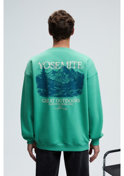 PERCY Erkek Yuvarlak Yaka Göğsü Nakışlı Sırtı Baskılı Oversize Yeşil Sweatshirt