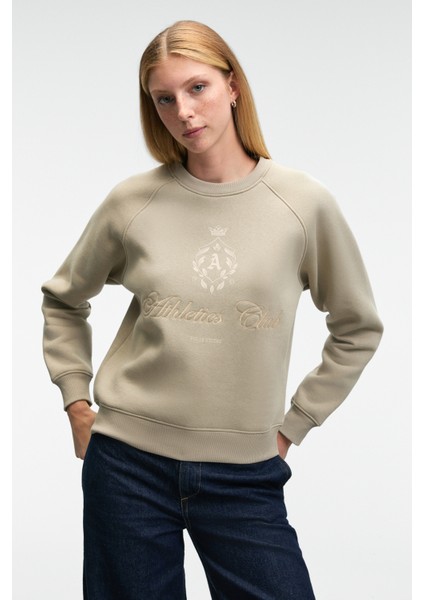 MIRELLAN Kadın Baskılı Yuvarlak Yaka Regular Fit Taş Rengi Sweatshirt