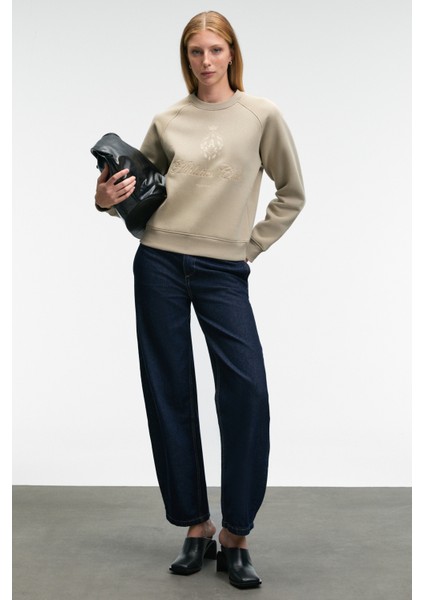 MIRELLAN Kadın Baskılı Yuvarlak Yaka Regular Fit Taş Rengi Sweatshirt modelleri