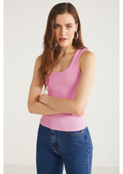 Lıllesol Kadın Pamuklu Fitilli Görünümlü Kare Yaka Kalın Askılı Basic Koyu Pembe Atlet