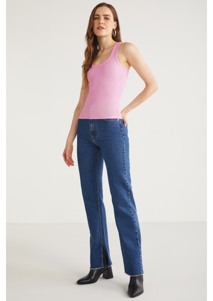 Lıllesol Kadın Pamuklu Fitilli Görünümlü Kare Yaka Kalın Askılı Basic Koyu Pembe Atlet modelleri