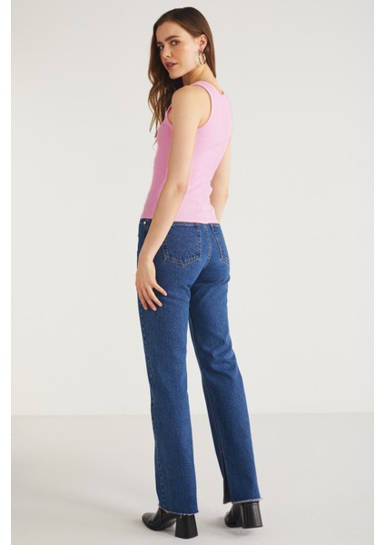 Lıllesol Kadın Pamuklu Fitilli Görünümlü Kare Yaka Kalın Askılı Basic Koyu Pembe Atlet