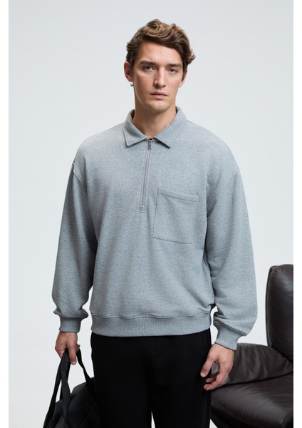 AUGUST Erkek %100 Pamuk Yarım Fermuarlı Yakalı Cepli Süs Etiketli Grimelanj Sweatshirt