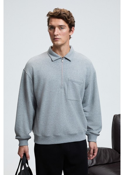 AUGUST Erkek %100 Pamuk Yarım Fermuarlı Yakalı Cepli Süs Etiketli Grimelanj Sweatshirt fırsatları