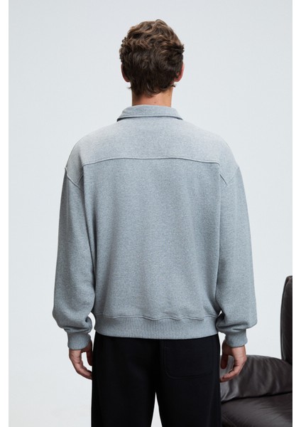 AUGUST Erkek %100 Pamuk Yarım Fermuarlı Yakalı Cepli Süs Etiketli Grimelanj Sweatshirt indirimleri