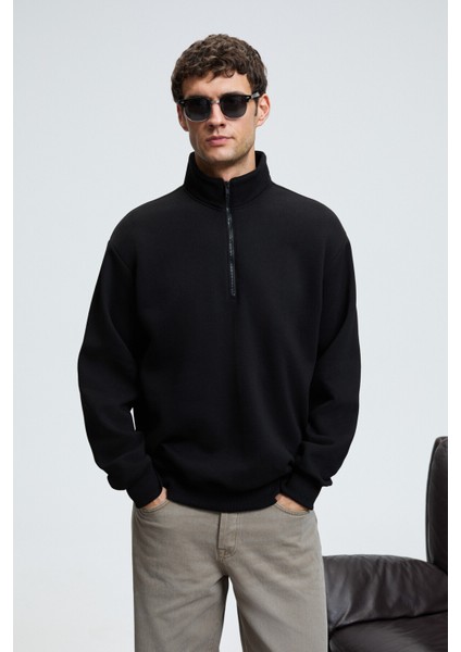 BAXTER Erkek Dik Yakalı Fermuarlı Relaxed Siyah Sweatshirt fırsatları