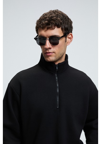 BAXTER Erkek Dik Yakalı Fermuarlı Relaxed Siyah Sweatshirt indirimleri