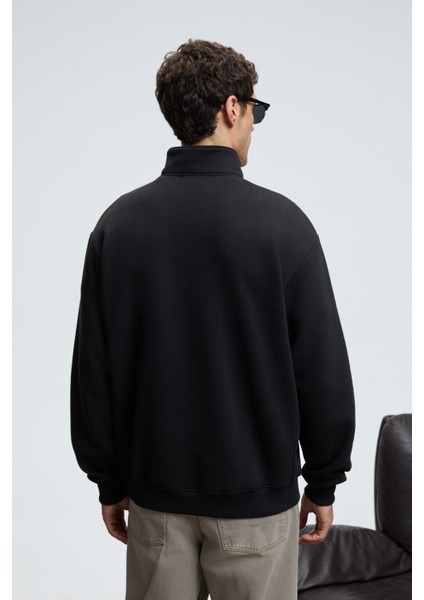 BAXTER Erkek Dik Yakalı Fermuarlı Relaxed Siyah Sweatshirt