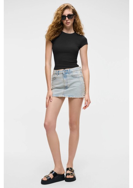 HOPEWELL Kadın Yuvarlak Yaka Örme Slim Fit Siyah T-Shirt