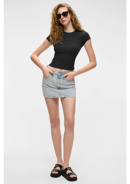 HOPEWELL Kadın Yuvarlak Yaka Örme Slim Fit Siyah T-Shirt fiyatları