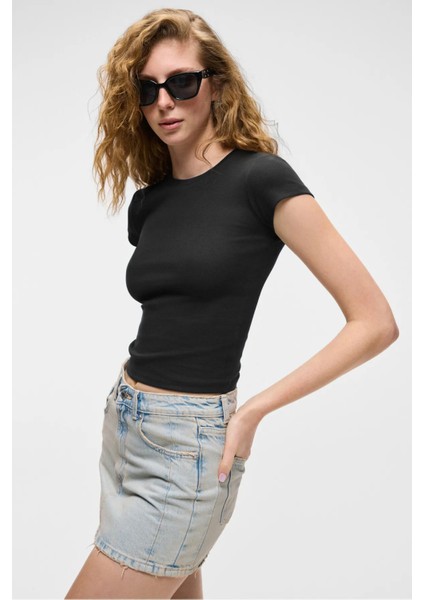 HOPEWELL Kadın Yuvarlak Yaka Örme Slim Fit Siyah T-Shirt modelleri