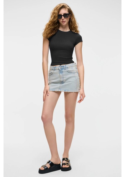 HOPEWELL Kadın Yuvarlak Yaka Örme Slim Fit Siyah T-Shirt fırsatları