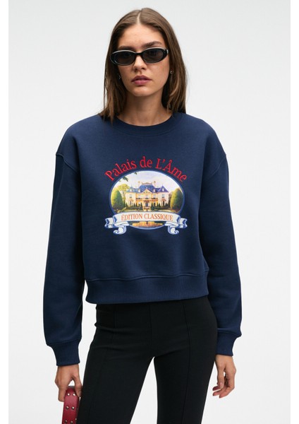 TALMERA Kadın Önü Baskılı Yuvarlak Yaka Lacivert Sweatshirt fiyatları