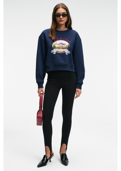 TALMERA Kadın Önü Baskılı Yuvarlak Yaka Lacivert Sweatshirt modelleri