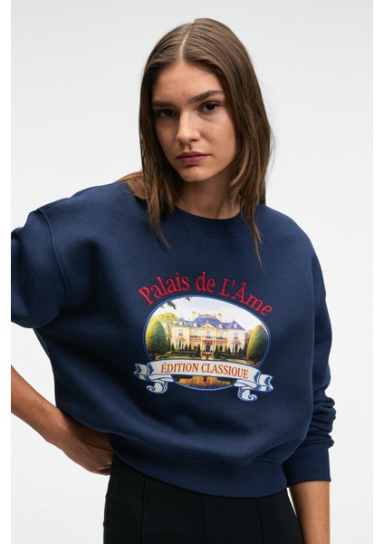 TALMERA Kadın Önü Baskılı Yuvarlak Yaka Lacivert Sweatshirt fırsatları