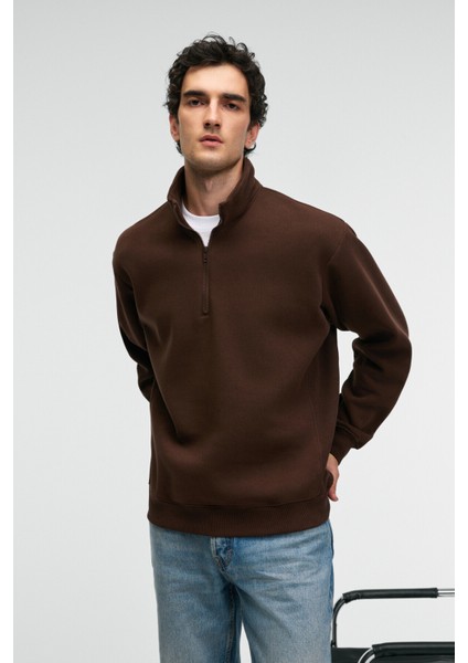BAXTER Erkek Dik Yakalı Fermuarlı Relaxed Kahverengi Sweatshirt