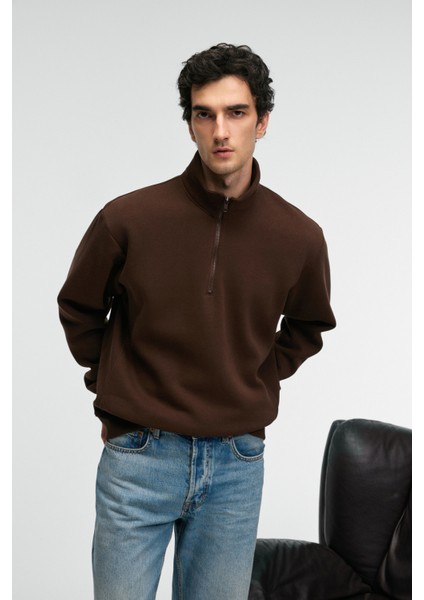 BAXTER Erkek Dik Yakalı Fermuarlı Relaxed Kahverengi Sweatshirt modelleri