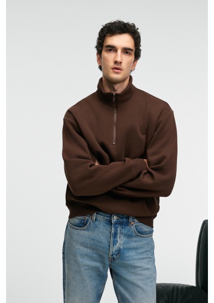 BAXTER Erkek Dik Yakalı Fermuarlı Relaxed Kahverengi Sweatshirt fırsatları