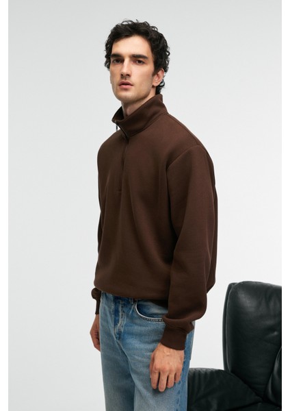 BAXTER Erkek Dik Yakalı Fermuarlı Relaxed Kahverengi Sweatshirt indirimleri
