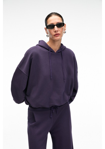 OLVERA Kadın Kapüşonlu Etek Ucu Balon Oversize Mor Sweatshirt modelleri