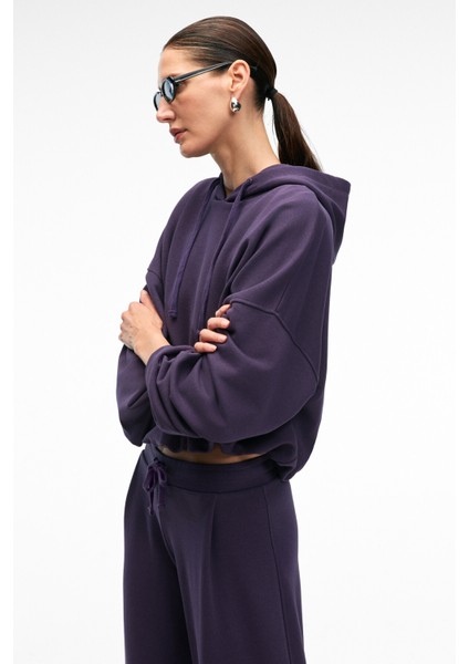 OLVERA Kadın Kapüşonlu Etek Ucu Balon Oversize Mor Sweatshirt fırsatları