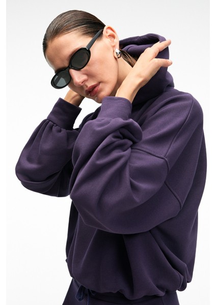 OLVERA Kadın Kapüşonlu Etek Ucu Balon Oversize Mor Sweatshirt indirimleri