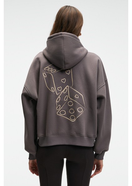 JASSES Kadın Oversize Nakışlı Kapüşonlu Antrasit Sweatshirt