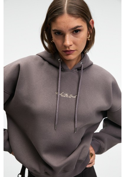 JASSES Kadın Oversize Nakışlı Kapüşonlu Antrasit Sweatshirt modelleri