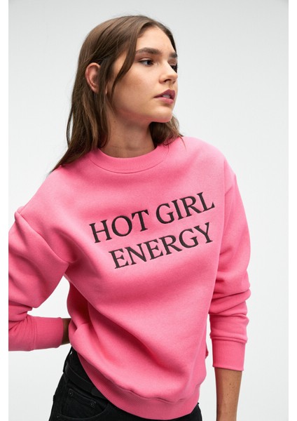 ISOLUNE Kadın Yaka Nakış Detaylı Oversize Bisiklet Yaka Pembe Sweatshirt