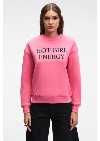 ISOLUNE Kadın Yaka Nakış Detaylı Oversize Bisiklet Yaka Pembe Sweatshirt fiyatları