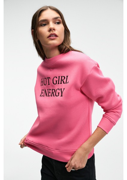 ISOLUNE Kadın Yaka Nakış Detaylı Oversize Bisiklet Yaka Pembe Sweatshirt modelleri