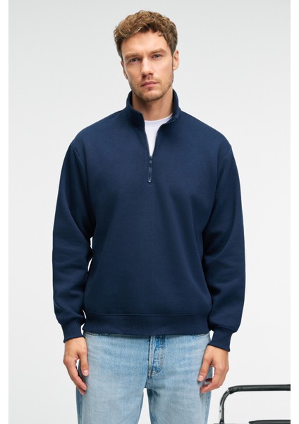 BAXTER Erkek Dik Yakalı Fermuarlı Relaxed Lacivert Sweatshirt indirimleri