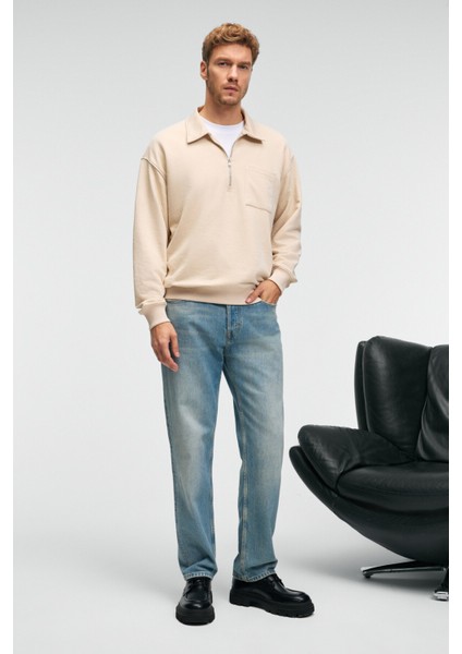 AUGUST Erkek %100 Pamuk Yarım Fermuarlı Yakalı Cepli Süs Etiketli Bej Sweatshirt fiyatları