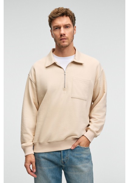 AUGUST Erkek %100 Pamuk Yarım Fermuarlı Yakalı Cepli Süs Etiketli Bej Sweatshirt modelleri