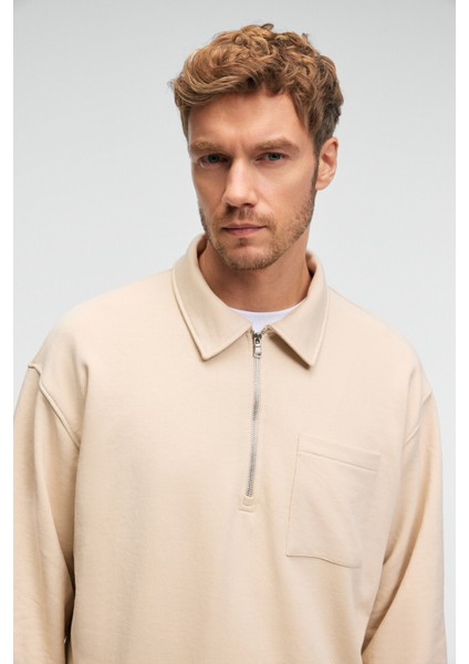 AUGUST Erkek %100 Pamuk Yarım Fermuarlı Yakalı Cepli Süs Etiketli Bej Sweatshirt fırsatları